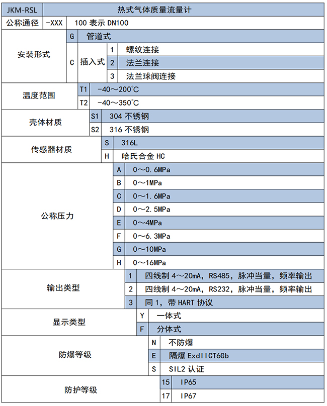 智能熱式氣體質(zhì)量流量計選項表